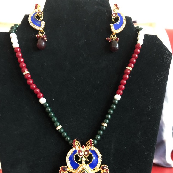 One gram 24 carat gold plated peacock design Necklace Set - Picture 1 of 7